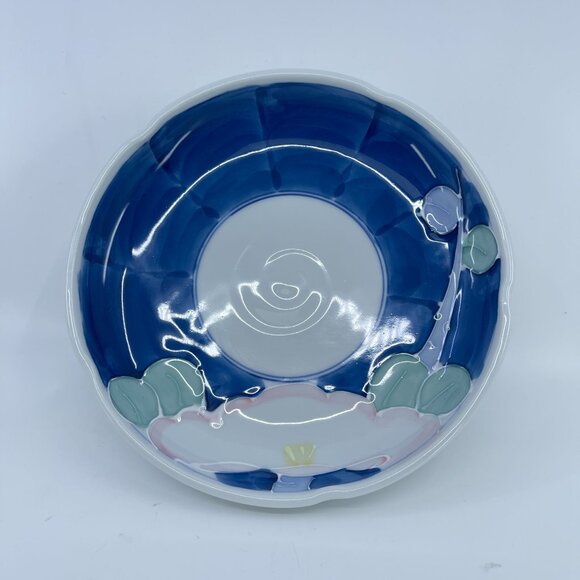 hand painted japanese pedestal bowl with floral design & blue accents - Picture 1 of 5